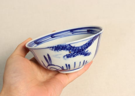 明治前期染付三方に木賊と兎図茶碗