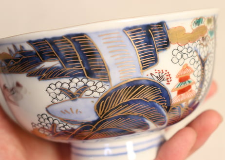 明治前期色絵山水図通り物飯茶碗①