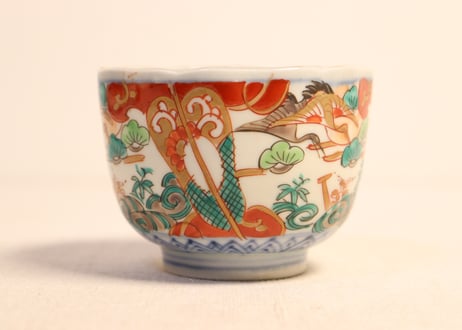 明治前期色絵軍配と鶴松図通り物向付