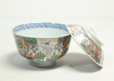 明治前期色絵獅子牡丹と人物図通り物飯茶碗①