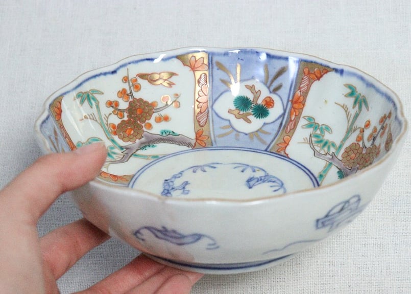 江戸時代末期～明治時代　江戸前期　古九谷写し　色絵　扇面形　松竹梅に鳥の図　皿 江戸時代末期～明治時代 江戸前期 古九谷写し 色絵 扇面形