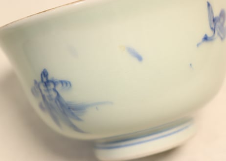 江戸幕末金縁染付松竹梅に鶴亀図通り物飯茶碗　フリモノ