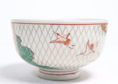 明治前期色絵網手に鶴と梅に鶯図通り物蒸茶碗①