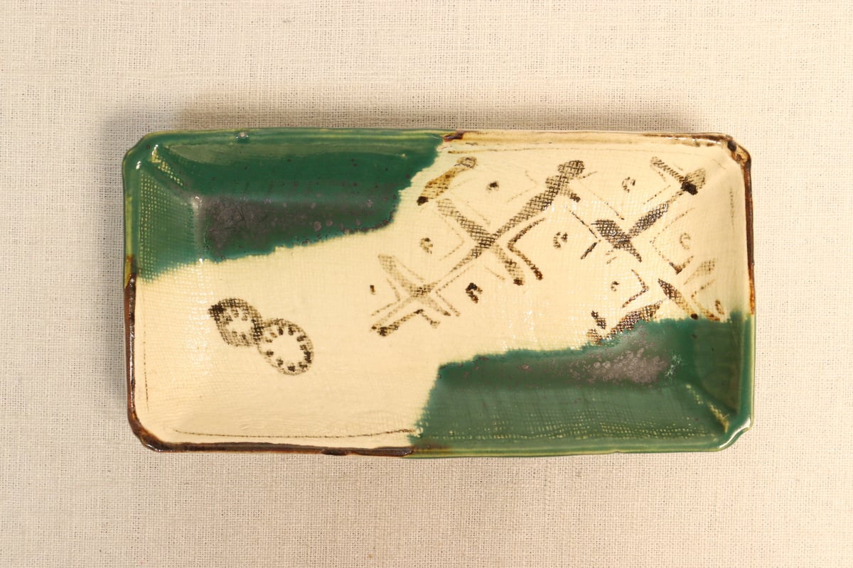 明治後期～大正織部焼幾何学文長皿 5客組 1客かたつき,シミ有り