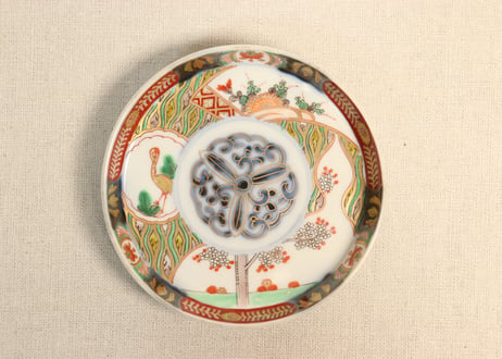 明治前期色絵松鶴に菊と桜図縁立小皿