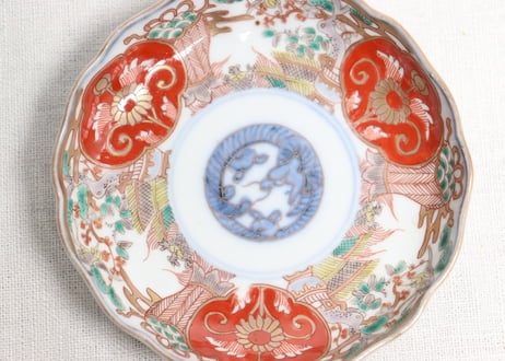 明治前期色絵松竹梅に鶴亀図通り物小皿