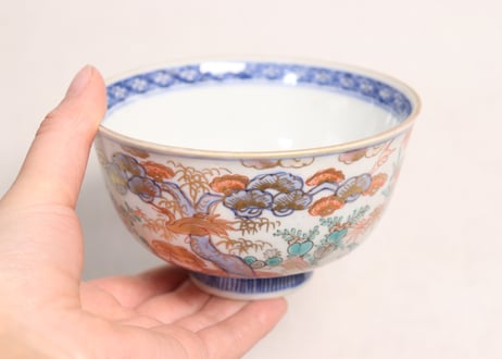 明治前期色絵三方松竹梅と花鳥図通り物飯茶碗