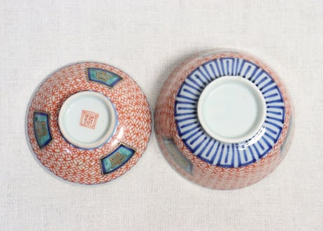 江戸後期色絵吉文字と七宝文図通り物飯茶碗　５客組