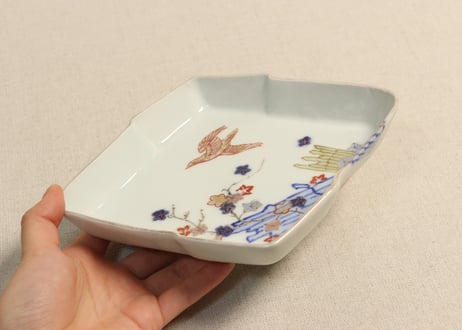 明治後期～大正色絵紅葉と鳥図縁立菱形皿①鳥に金彩あり,釉剥げ