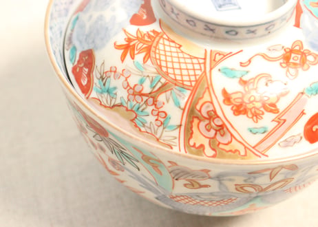 明治前期色絵竹梅と桐図通り物飯茶碗②黒点