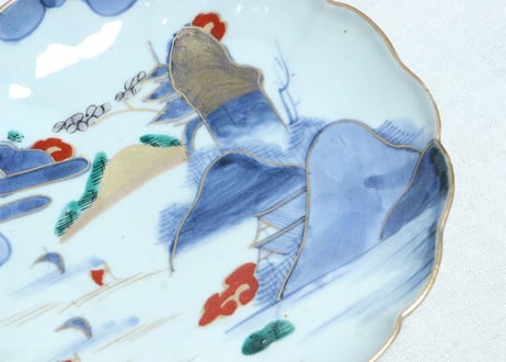 江戸中期色絵山水図7寸皿③　釉剥げ,ノミホツ
