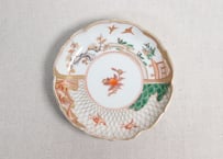 明治前期色絵網手に鶴と梅に鶯図通り物小皿②窯傷