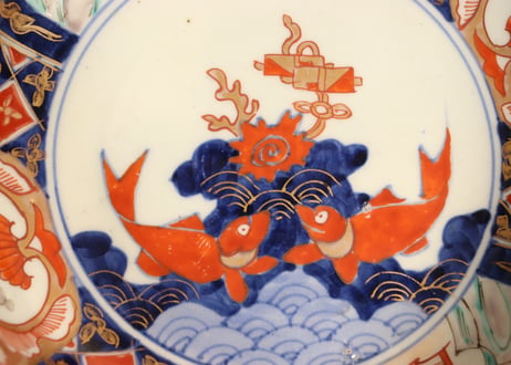 明治前期色絵魚と山水図6寸鉢