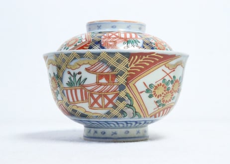 明治前期色絵扇面に菊図通り物飯茶碗
