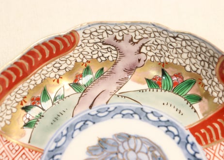 明治前期色絵桜と万年青図通り物なます皿