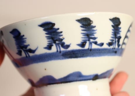 江戸後期染付鳥居と杉図広東型飯茶碗
