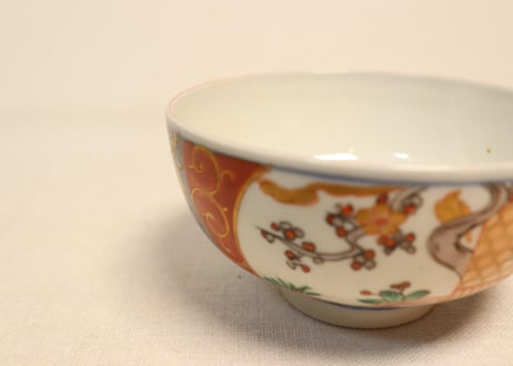 明治前期色絵梅と鶯に鳥籠図通り物蒸茶碗①