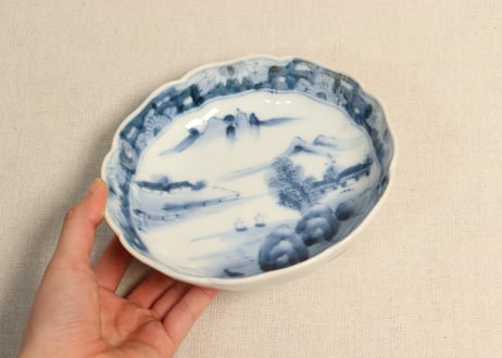 明治後期~大正染付山水図菊図縁なます皿