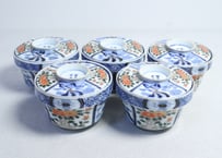 明治前期色絵牡丹と山水図蓋茶碗　5客組　小ニュウ有り