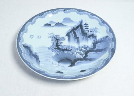 江戸幕末染付山水図ダミ縁尺皿