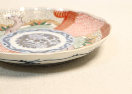 明治前期色絵桜に万年青図通り物7寸皿②少甘手
