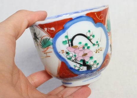 明治後期～大正銅判色絵梅と松鶴図向付