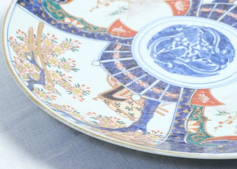 明治前期色絵桜と御所車図尺３寸尺皿