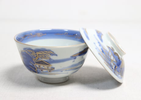 江戸幕末金彩染付山水図飯茶碗