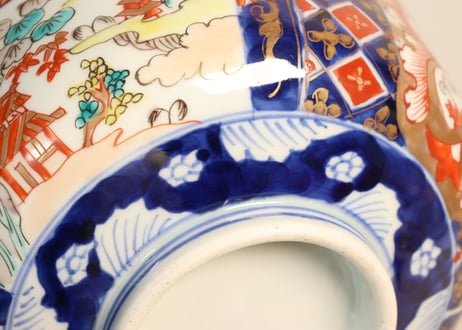 明治前期色絵魚と山水図6寸鉢