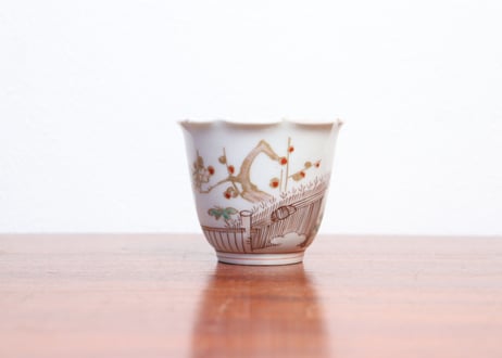 江戸中期色絵芝垣に梅と鶯図輪花向付 五客組 1ヶノミホツ