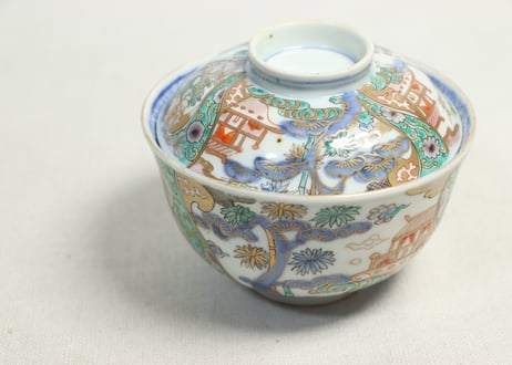 明治前期色絵鶴と松竹梅図通り物飯茶碗