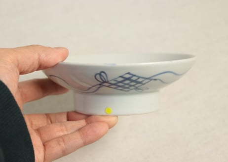 江戸幕末染付波に鶴図4.5寸台皿 ムシクイ,高台ホツ