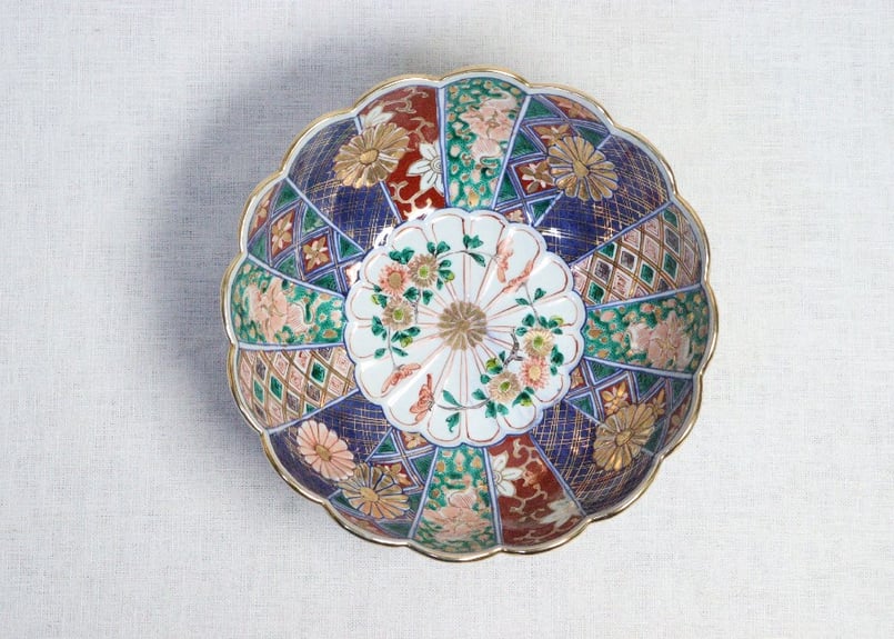 明治後期～大正色絵大聖寺焼菊図菊花弁三つ組鉢 小甘手 | 吉祥寺