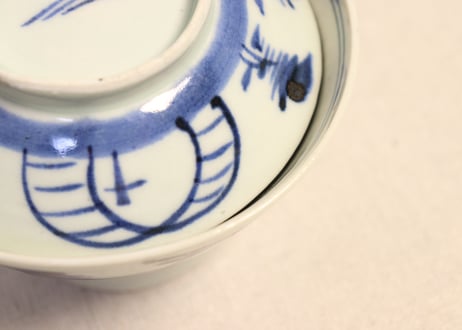 江戸後期染付鳥居と杉図広東型飯茶碗
