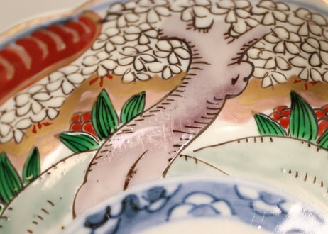 明治前期色絵桜と万年青図通り物なます皿