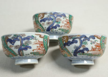 明治前期色絵鶴と松竹梅図通り物蒸茶碗