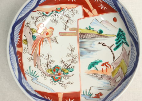 明治前期色絵山水と花鳥図割絵7寸鉢
