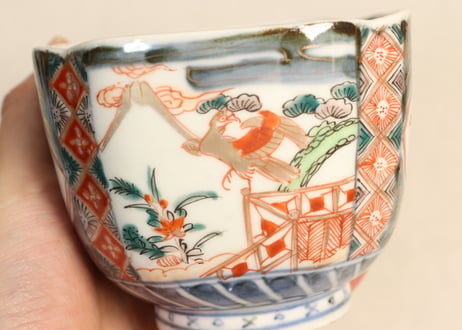 明治前期色絵富士と鷹に兜図角向付 ５客組