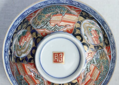 明治前期色絵山水風景と青海波図飯茶碗①