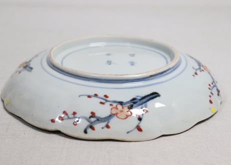 明治前期染付色絵八方に牡丹図７寸皿②ノミホツ,かたつき