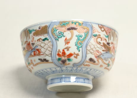 明治前期色絵三方鮎図蒸茶碗