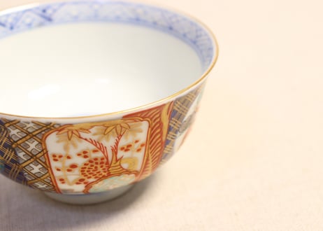明治前期色絵桃と松竹梅図飯茶碗