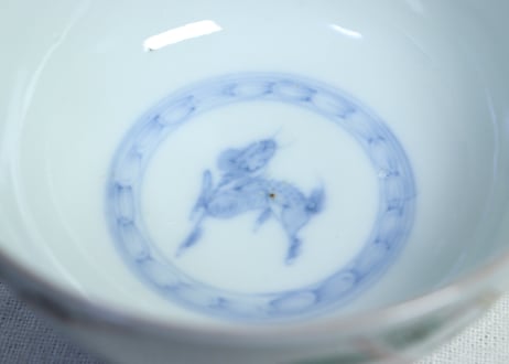 明治前期色絵麒麟に花鳥図蒸茶碗  フリモノ