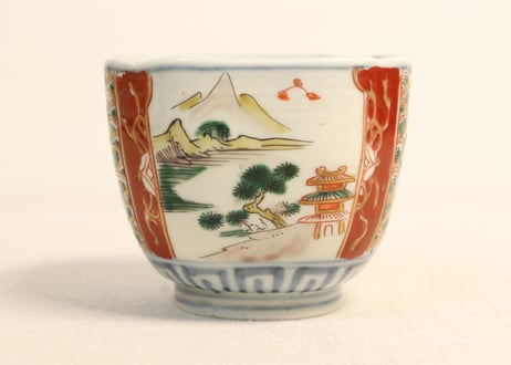 明治前期色絵山水と兎図角向付 釉剥げ