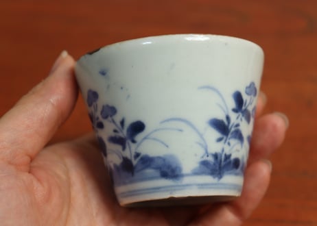 江戸中期紙刷古印判女郎花図猪口　直し,高台ホツ