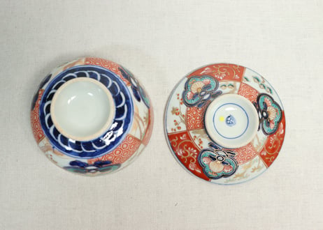 明治前期色絵市松に松竹梅図蒸茶碗④少甘手,ひっつき