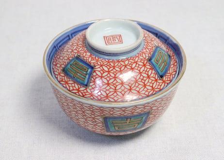 江戸後期色絵吉文字と七宝文図通り物飯茶碗　５客組