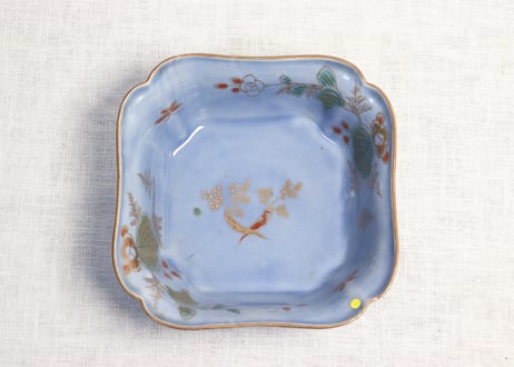 江戸中期瑠璃釉色絵人参と草花図角なます皿５客組 １客あたり傷