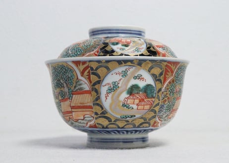 明治前期色絵山水風景と青海波図飯茶碗①