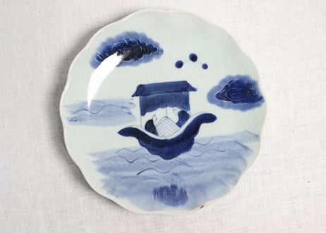 江戸幕末染付船上人物図7寸皿 甘手,小ホツ